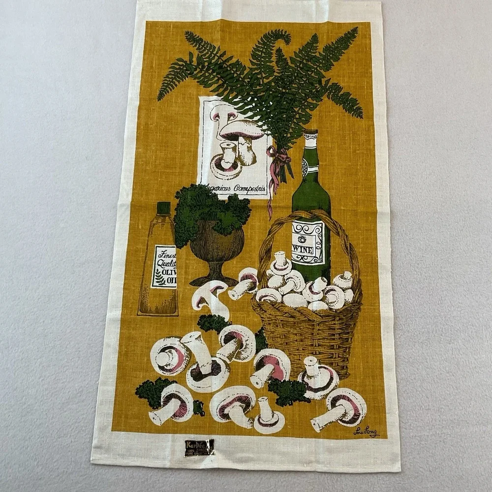 Kay Dee Handprints Linen‎ Kitchen Towel Mushrooms Lois Long Wine Basket VTG NEW